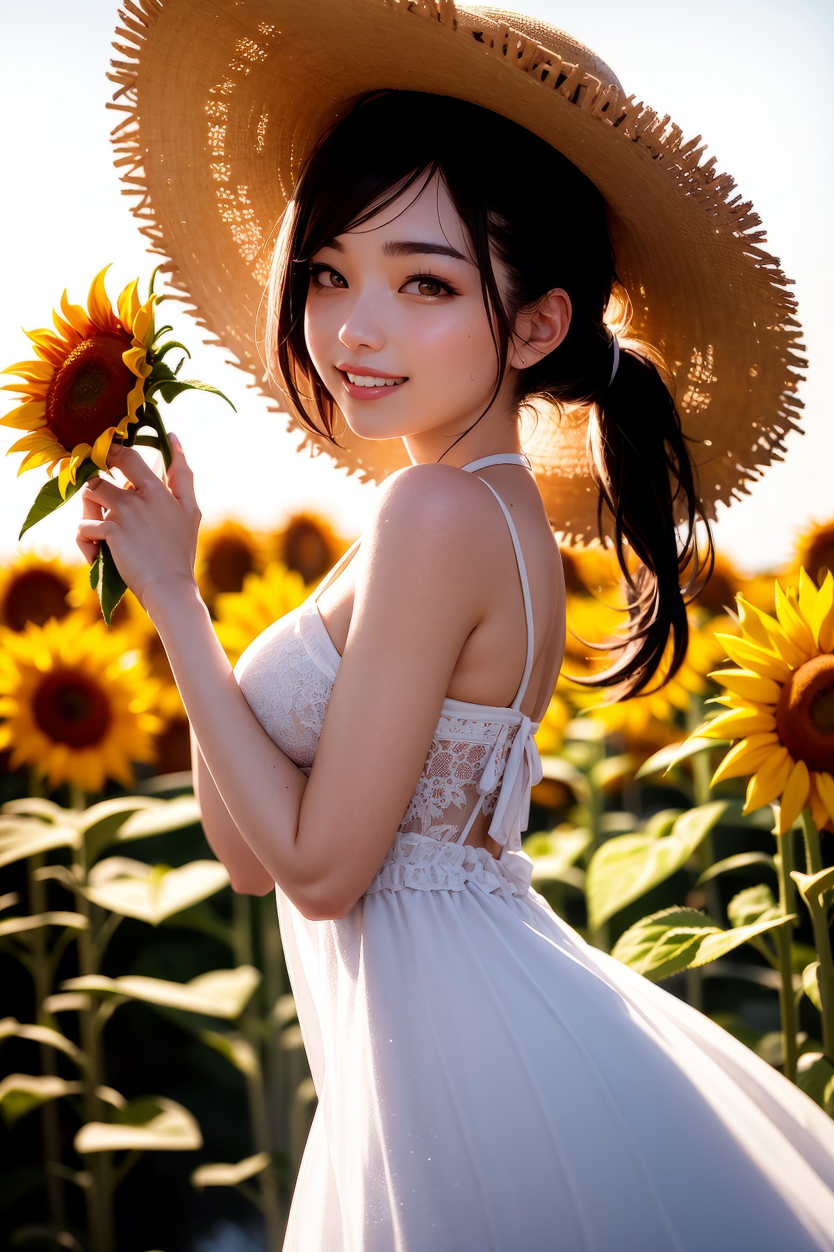 向日葵田中的甜美少女
